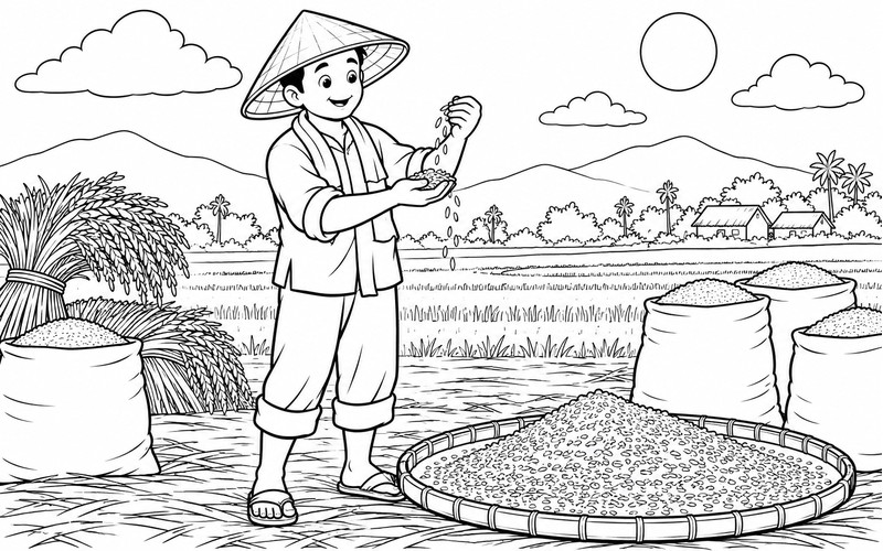 Tranh tô màu người thu hoạch lúa kiểm tra hạt thóc khô