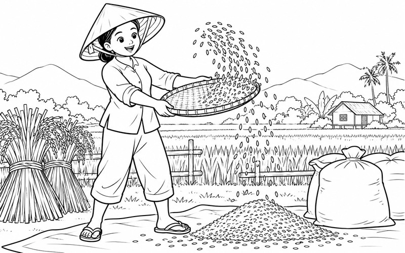 Tranh tô màu người thu hoạch lúa sảy thóc bằng mẹt