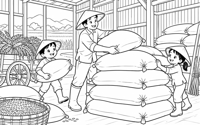 Tranh tô màu người thu hoạch lúa xếp bao trong kho