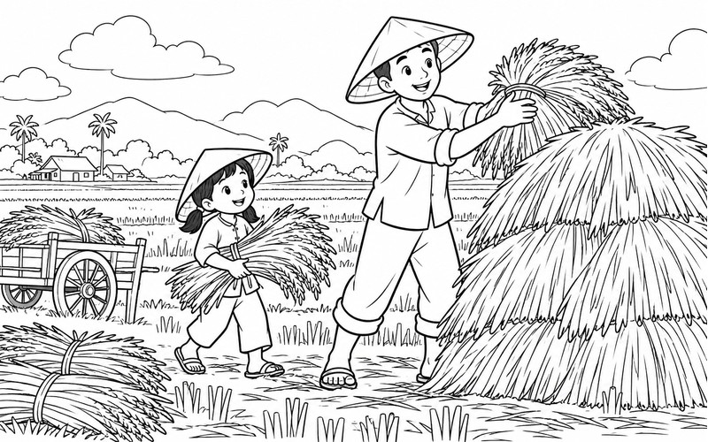 Tranh tô màu người thu hoạch lúa xếp rơm