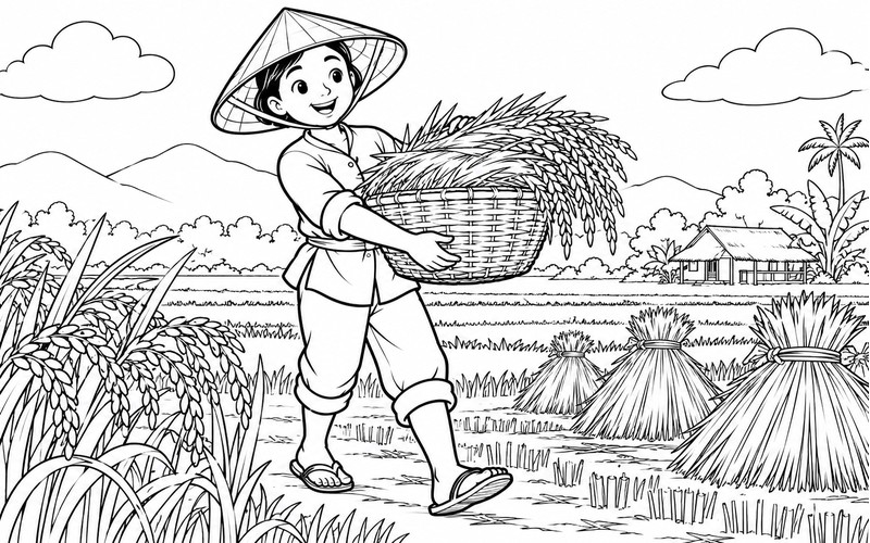 Tranh tô màu người thu hoạch lúa mang rơm bằng giỏ
