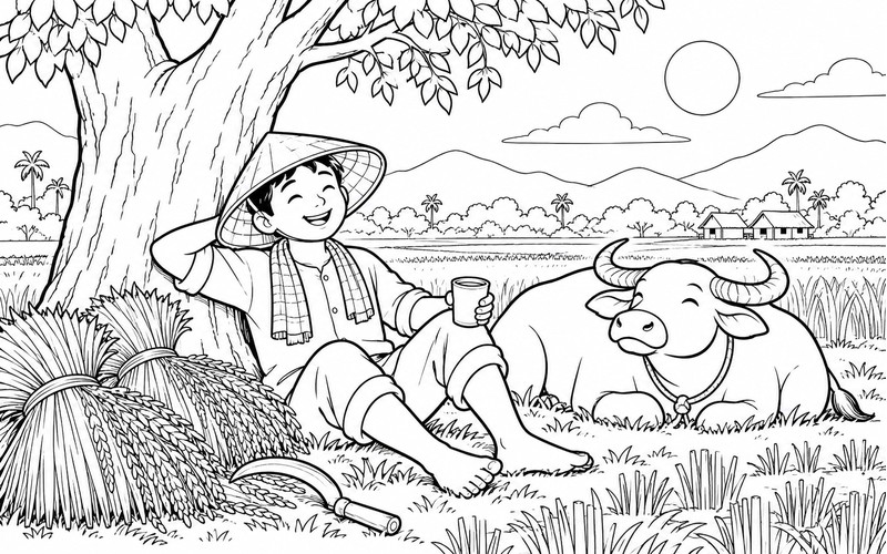 Tranh tô màu người thu hoạch lúa nghỉ dưới gốc cây