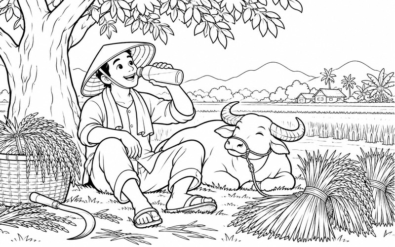 Tranh tô màu người thu hoạch lúa uống nước trong bóng mát