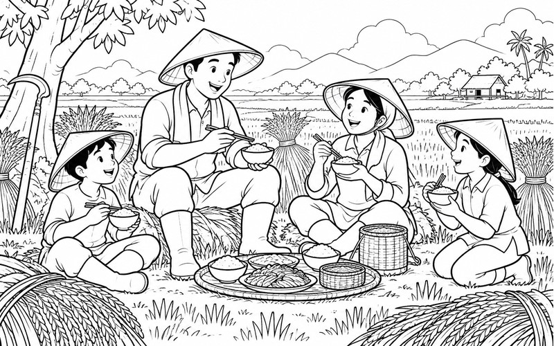 Tranh tô màu người thu hoạch lúa ăn trưa cùng mọi người