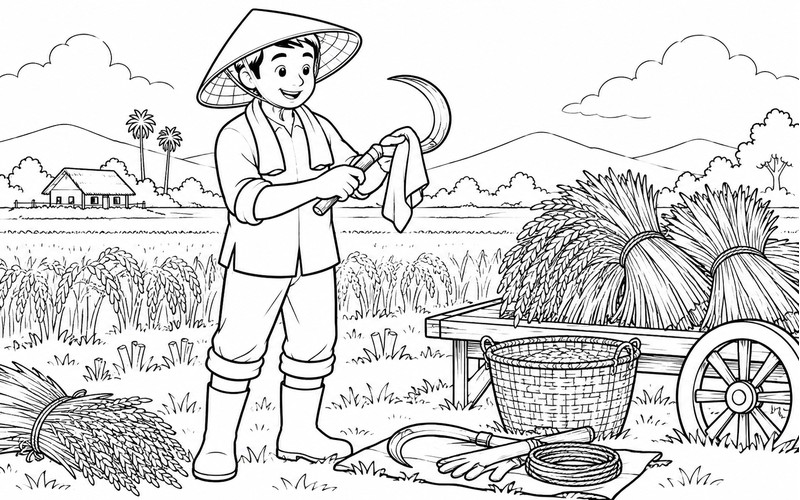 Tranh tô màu người thu hoạch lúa kiểm tra dụng cụ