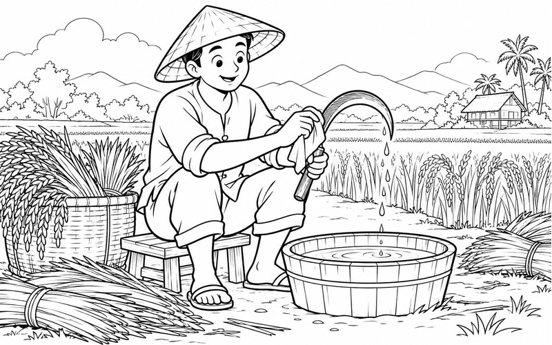 Tranh tô màu người thu hoạch lúa lau liềm sau buổi làm