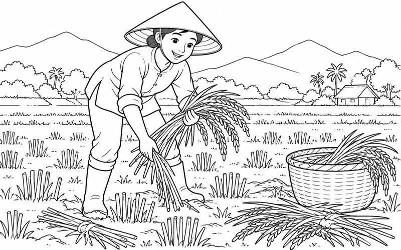 Tranh tô màu người thu hoạch lúa gom những cây lúa còn lại