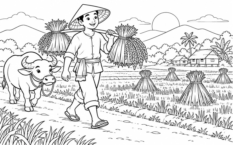 Tranh tô màu người thu hoạch lúa về nhà bên ruộng đã gặt