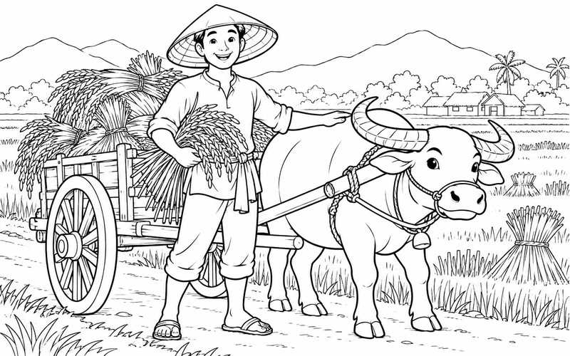 Tranh tô màu người thu hoạch lúa bên xe trâu