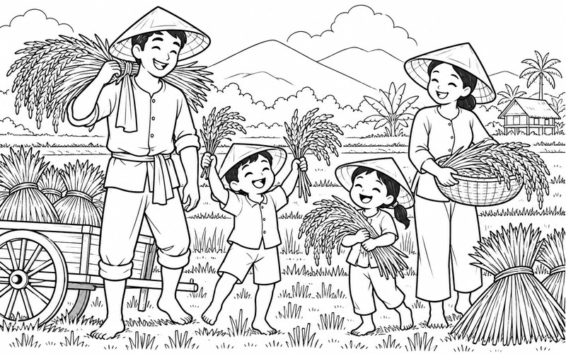 Tranh tô màu người thu hoạch lúa chung vui ngày mùa cùng gia đình