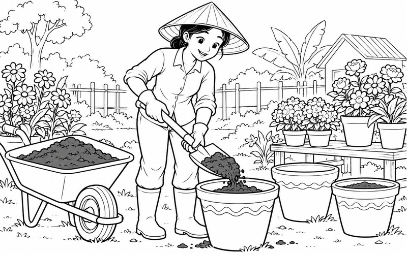 Tranh tô màu người trồng hoa cho đất vào chậu