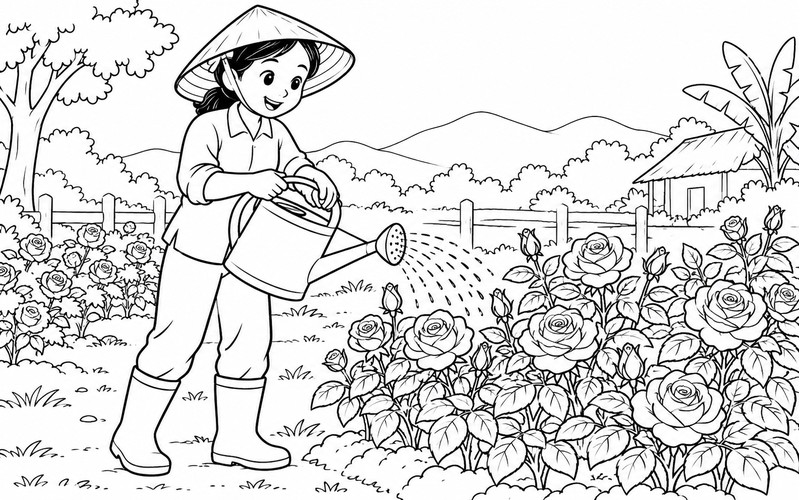 Tranh tô màu người trồng hoa tưới hoa hồng
