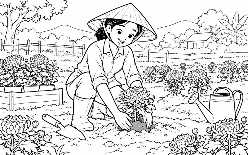 Tranh tô màu người trồng hoa trồng hoa cúc