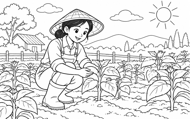Tranh tô màu người trồng hoa chăm hướng dương non