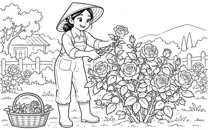 Tranh tô màu người trồng hoa tỉa cành hoa hồng