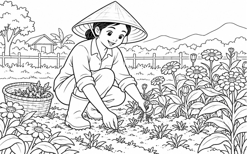 Tranh tô màu người trồng hoa nhổ cỏ luống hoa