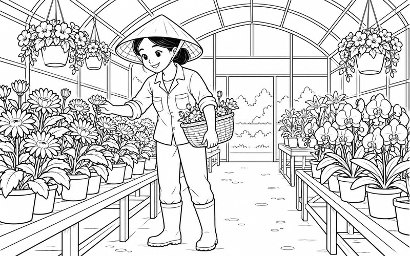 Tranh tô màu người trồng hoa kiểm tra nhà kính