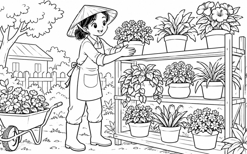 Tranh tô màu người trồng hoa xếp chậu trên kệ