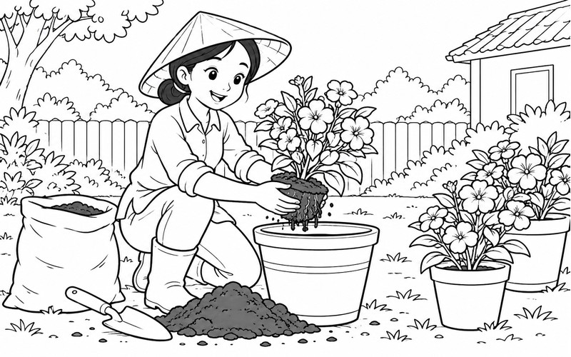 Tranh tô màu người trồng hoa thay chậu cây hoa