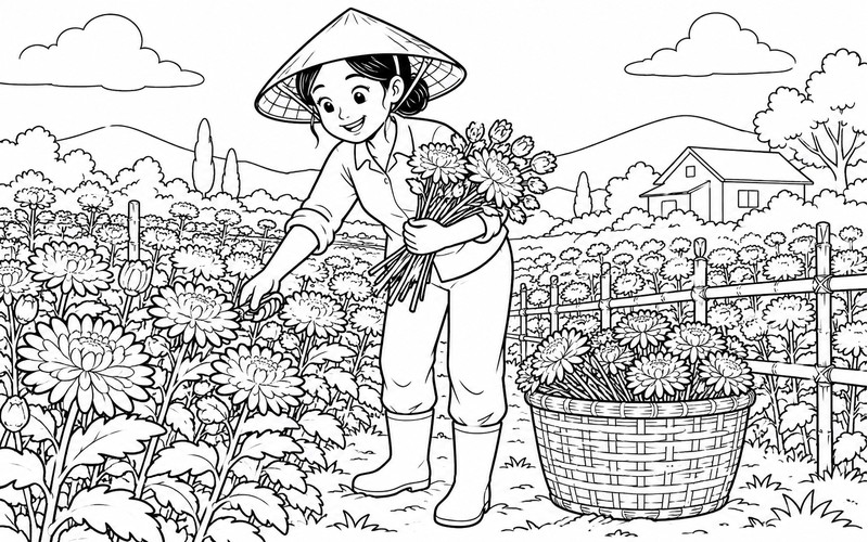 Tranh tô màu người trồng hoa thu hoạch hoa cắt cành
