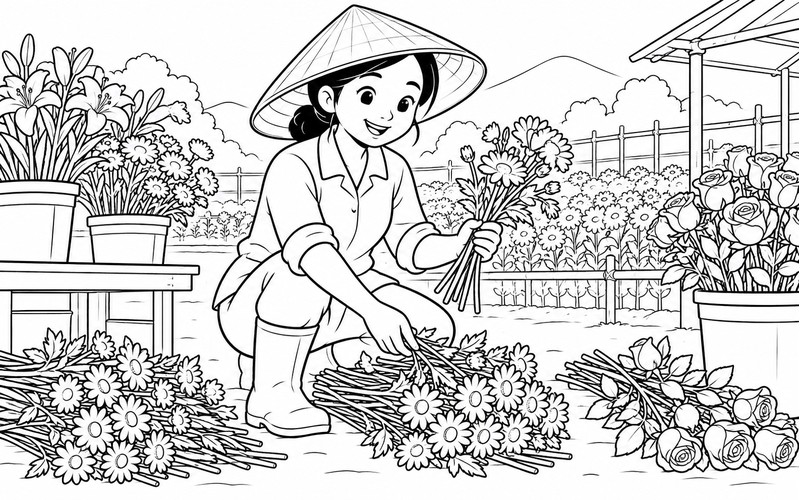 Tranh tô màu người trồng hoa phân loại cành hoa