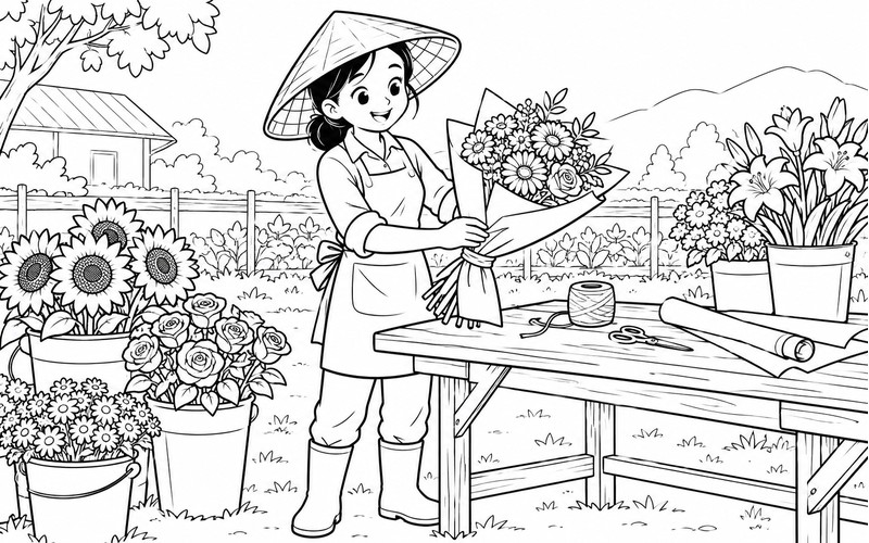 Tranh tô màu người trồng hoa gói bó hoa