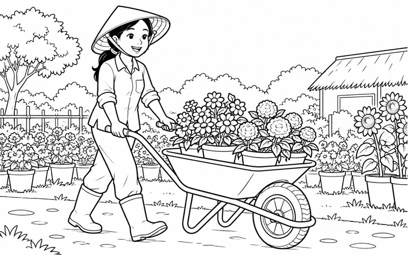 Tranh tô màu người trồng hoa đẩy xe chở chậu