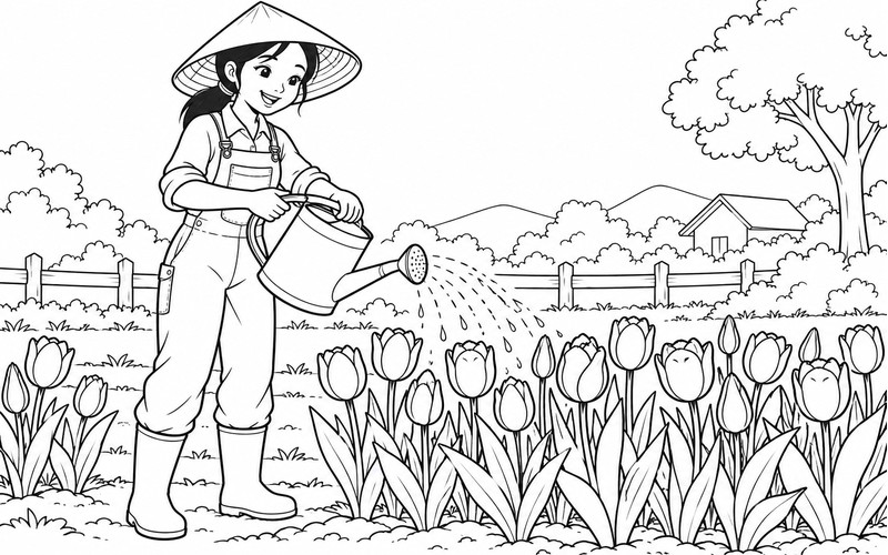 Tranh tô màu người trồng hoa tưới hoa tulip