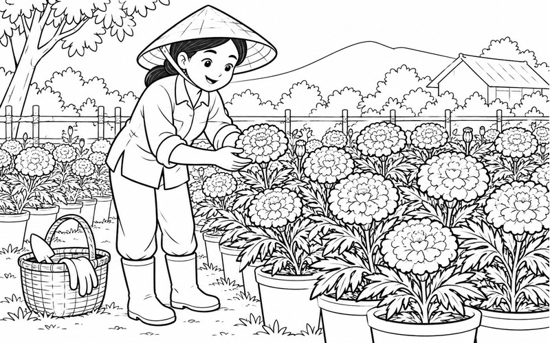 Tranh tô màu người trồng hoa chăm hoa vạn thọ