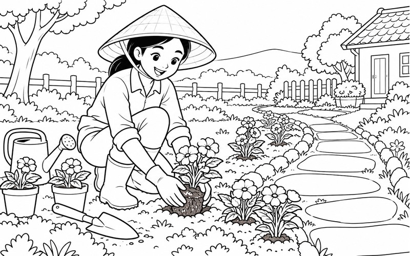 Tranh tô màu người trồng hoa trồng hoa ven lối đi