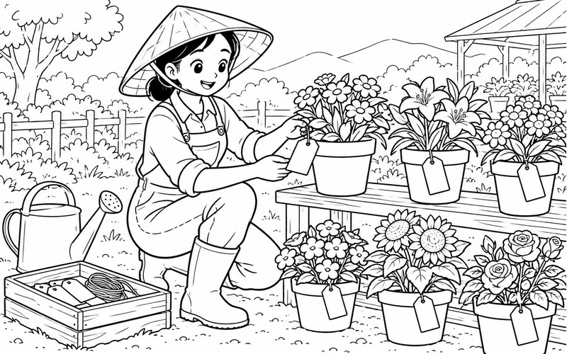Tranh tô màu người trồng hoa gắn thẻ vào chậu