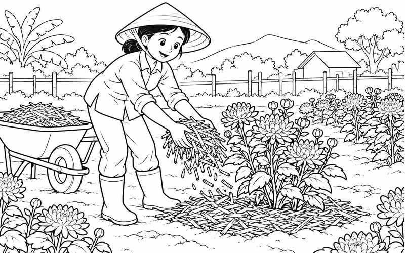 Tranh tô màu người trồng hoa phủ gốc