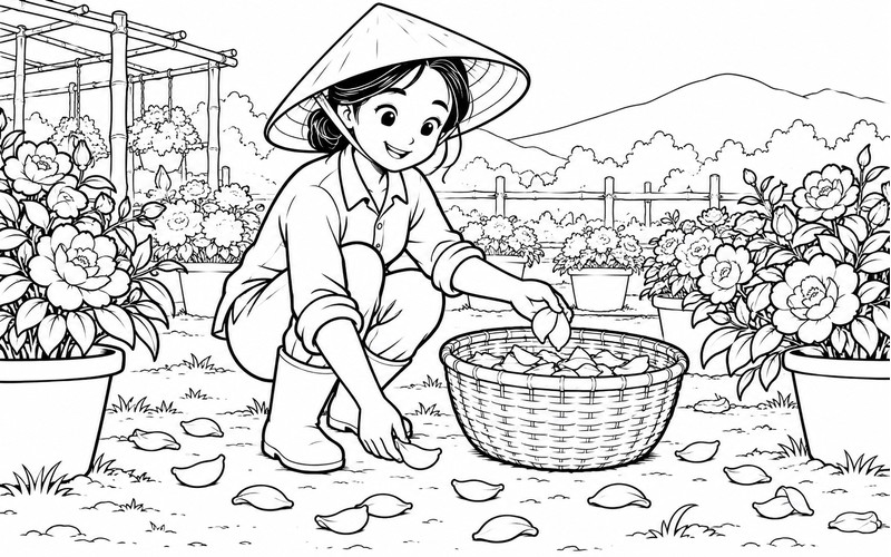 Tranh tô màu người trồng hoa nhặt cánh hoa rơi