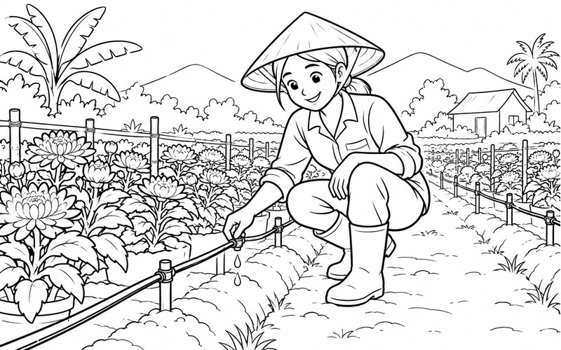 Tranh tô màu người trồng hoa kiểm tra ống tưới