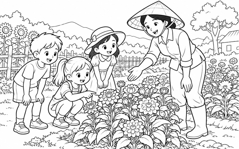 Tranh tô màu người trồng hoa giới thiệu luống hoa cho bé