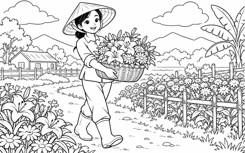 Tranh tô màu người trồng hoa mang giỏ hoa