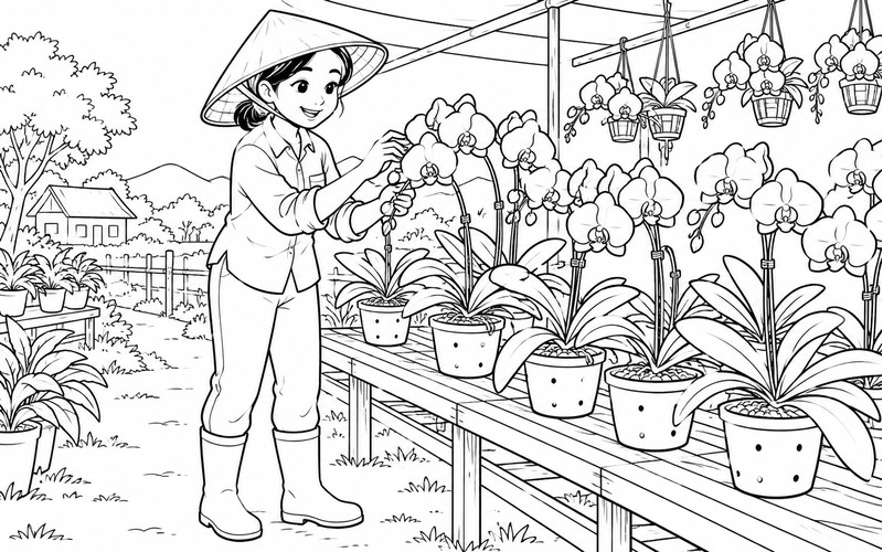 Tranh tô màu người trồng hoa chăm hoa lan trên giá