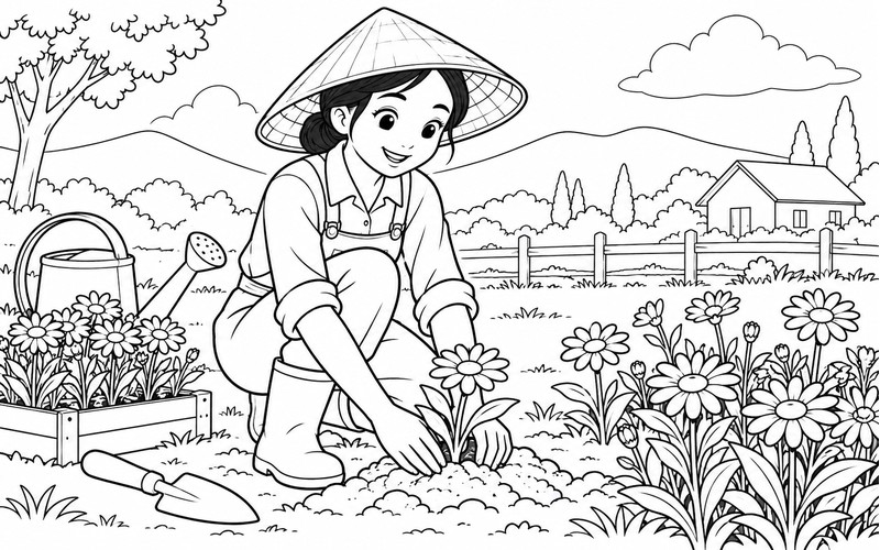 Tranh tô màu người trồng hoa trồng hoa cúc nhỏ