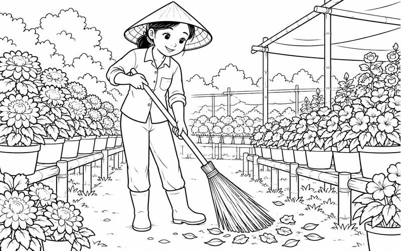 Tranh tô màu người trồng hoa quét đường vườn ươm