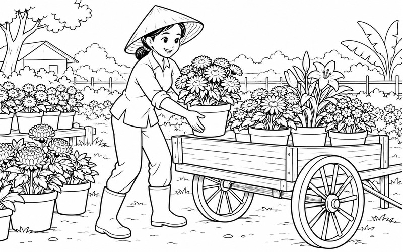 Tranh tô màu người trồng hoa xếp chậu lên xe