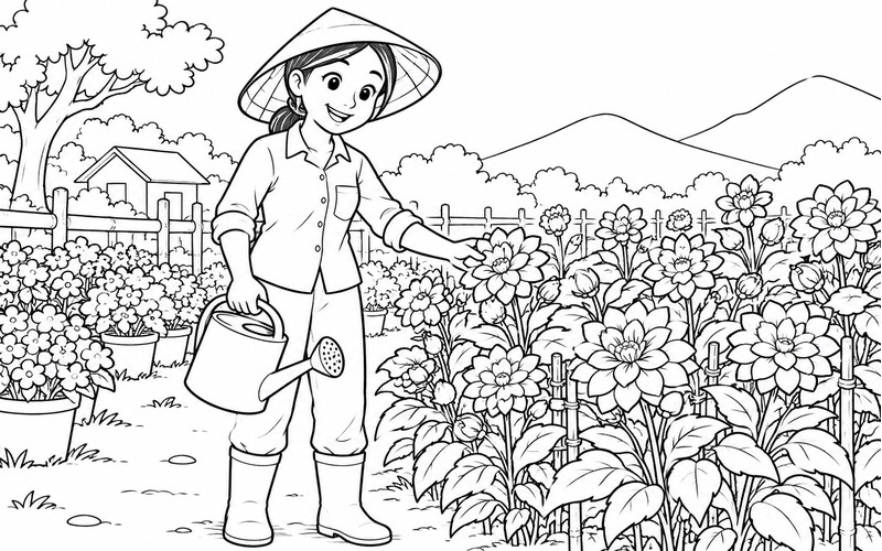 Tranh tô màu người trồng hoa ngắm vườn hoa nở