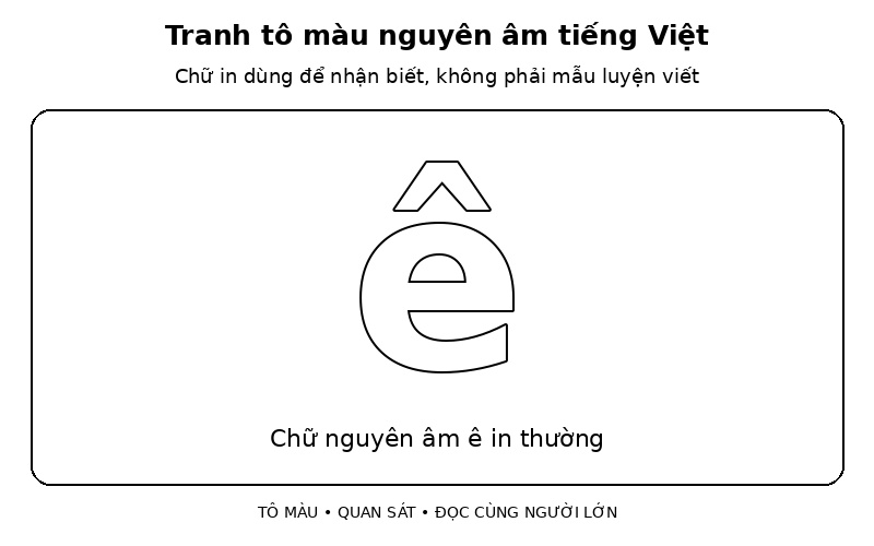 Tranh tô màu nguyên âm tiếng Việt: chữ nguyên âm ê in thường