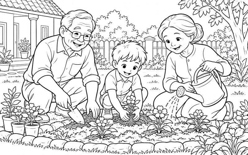 Tranh tô màu ông bà và cháu cùng trồng hoa trong vườn nhà