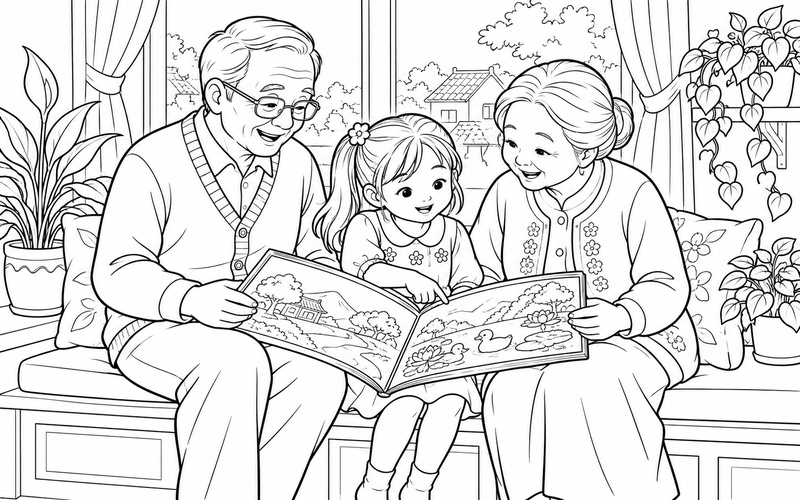 Tranh tô màu ông bà và cháu đọc sách bên cửa sổ