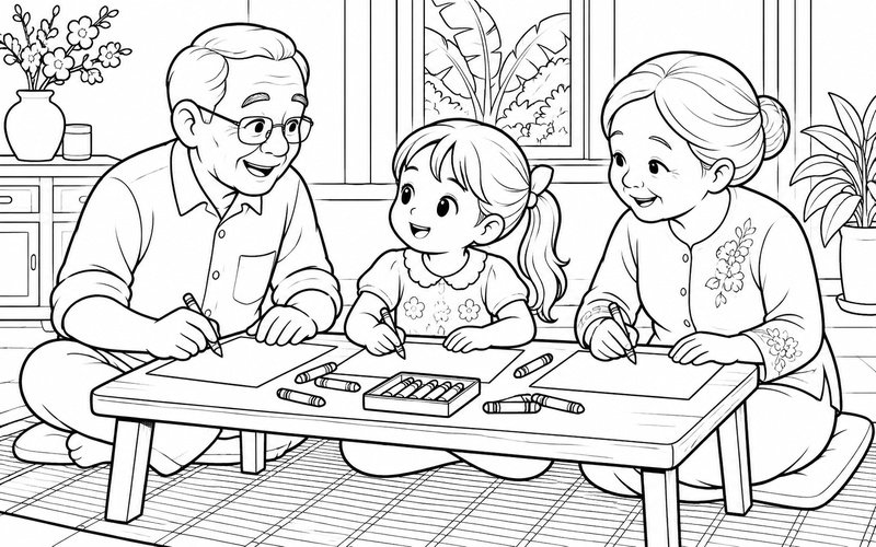 Tranh tô màu ông bà và cháu vẽ tranh tại bàn nhỏ
