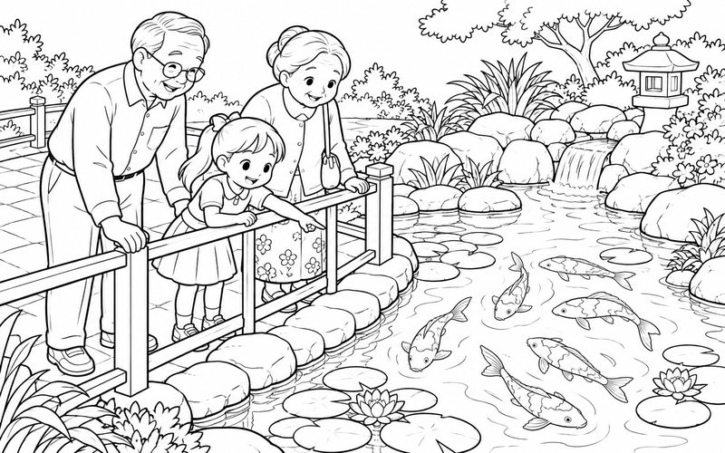 Tranh tô màu ông bà và cháu ngồi ngắm cá trong hồ