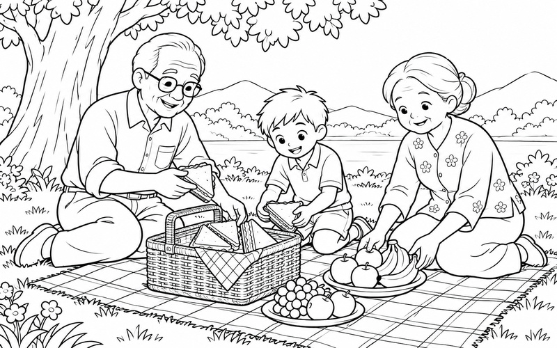 Tranh tô màu ông bà và cháu chuẩn bị bữa ăn ngoài trời