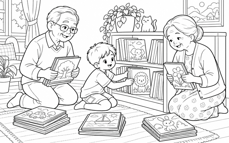 Tranh tô màu ông bà và cháu xếp sách vào kệ