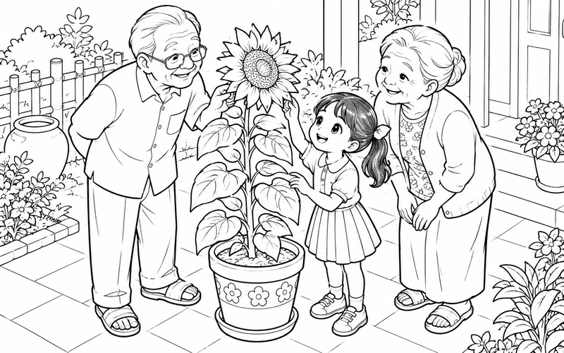 Tranh tô màu ông bà và cháu chăm sóc chậu hoa hướng dương