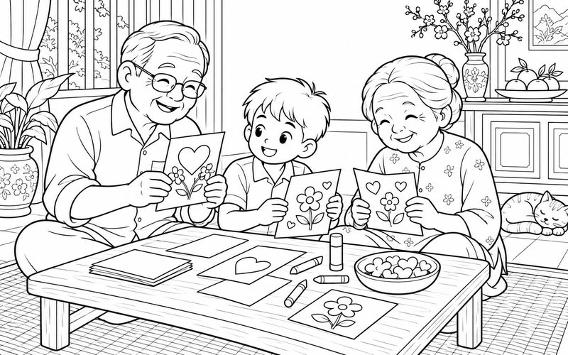 Tranh tô màu ông bà và cháu làm thiệp từ giấy màu
